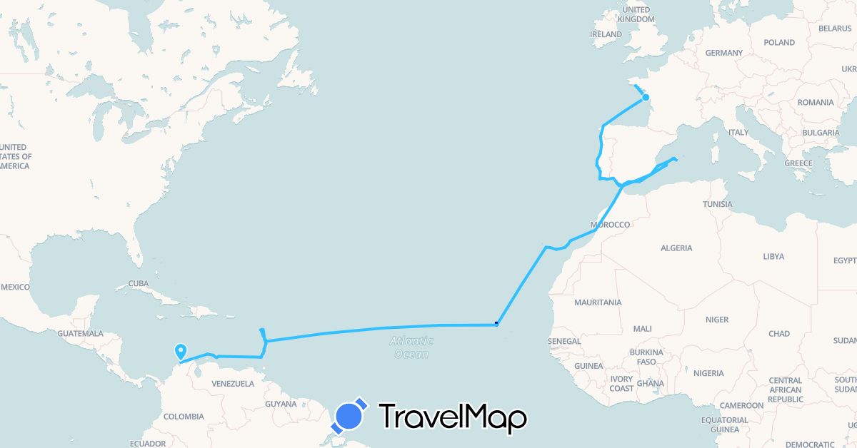 TravelMap itinerary: driving, hiking, boat in Colombia, Cape Verde, Dominica, Spain, France, Grenada, Gibraltar, Saint Lucia, Morocco, Netherlands, Portugal, Saint Vincent and the Grenadines (Africa, Europe, North America, South America)