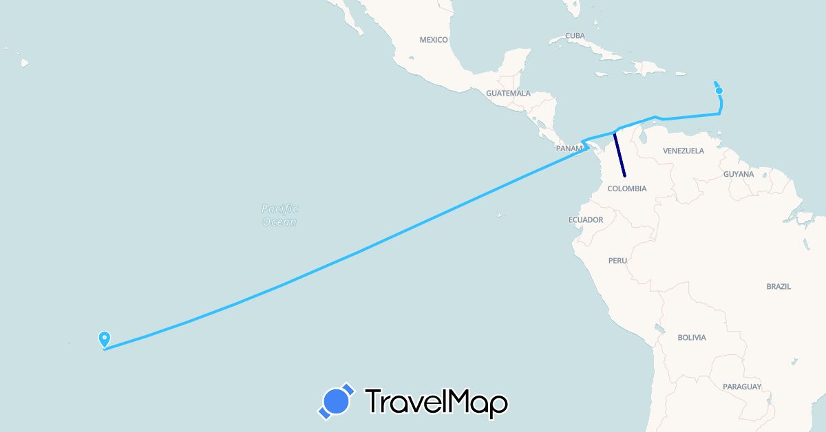 TravelMap itinerary: driving, boat in Colombia, France, Guadeloupe, Saint Lucia, Netherlands, Panama, Saint Vincent and the Grenadines (Europe, North America, South America)
